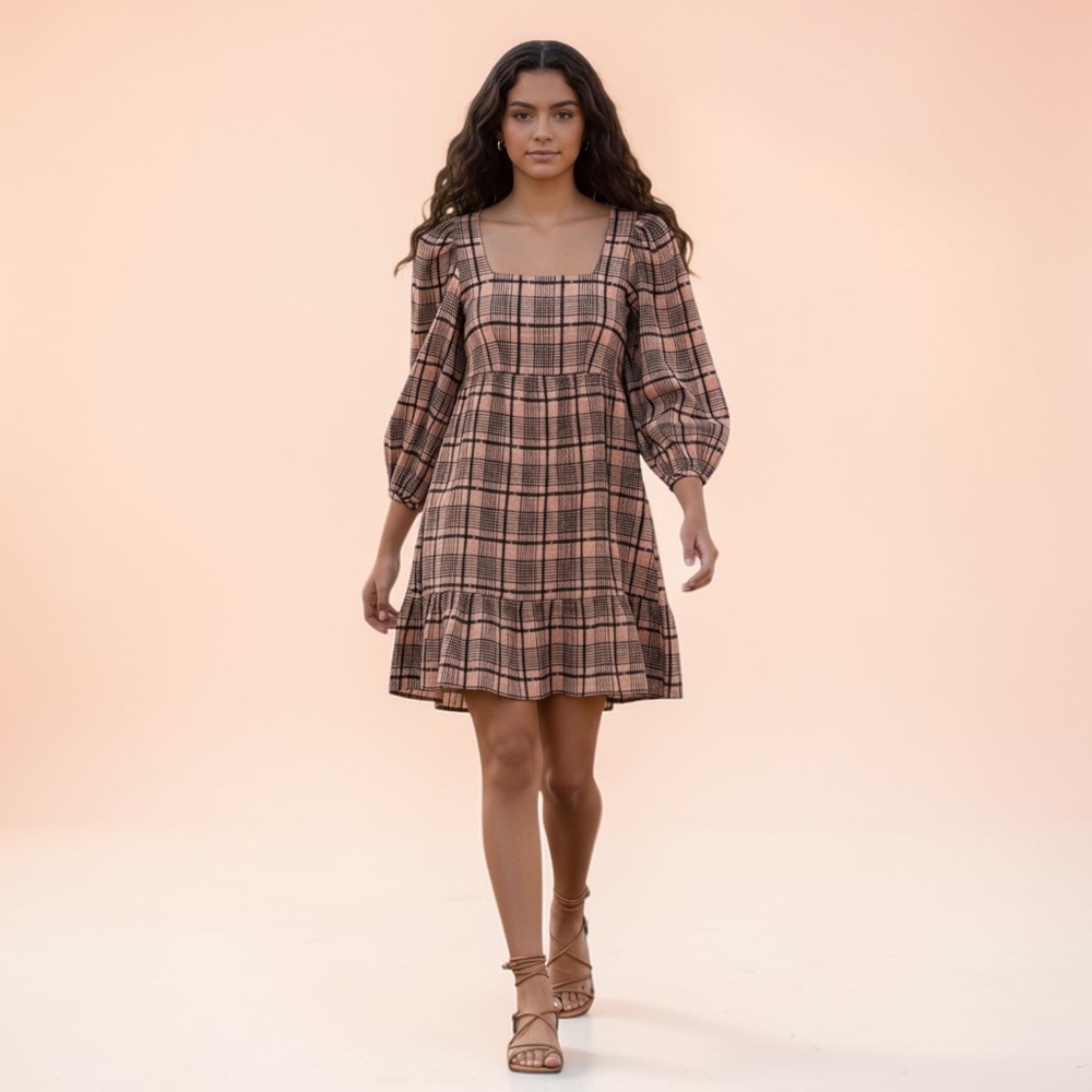 Topshop Peach and Black Plaid Tiered Gauze Dress Size 4